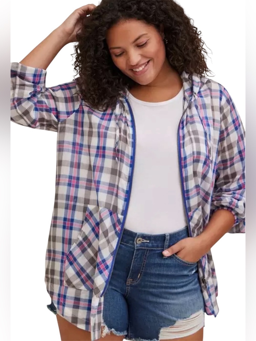 Torrid Long Line Zip-Up Voile Plaid Hooded
Oversized Jacket Size Large
